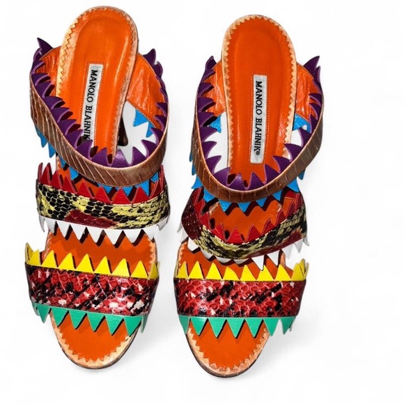Manolo Blahnik Shoes - Manolo Blahnik 2018 Arpege Sharkbite Animal Print Color Block Mule Heels